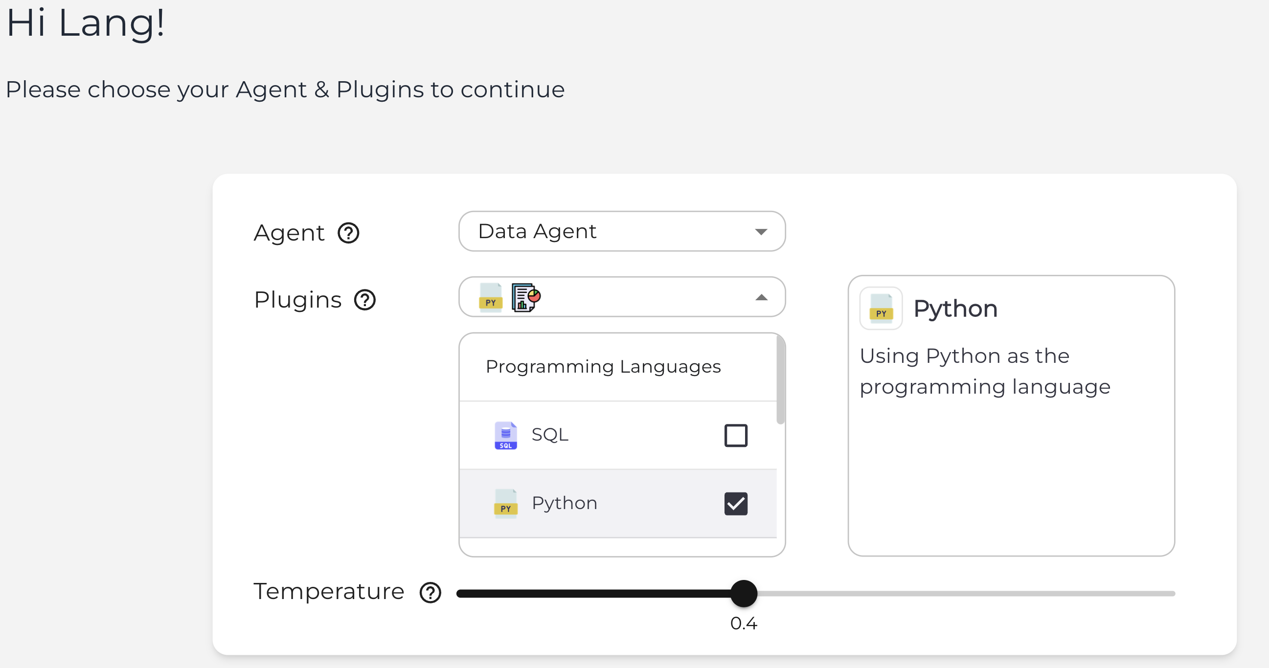 Figure: Chat Interface for selecting Agent, Tools, and other configurations